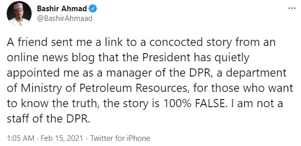 Buhari’s aide, Bashir Ahmad denies being appointed manager of DPR