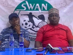 L-R Kingsley Okereke, Technical Representative on the board of the Shooting Sports Federation of Nigeria and President, Commodore Olatunji Bamidele during a press conference with journalists in Ilorin on Sunday at the ongoing 6th National Youth Games (NYG)