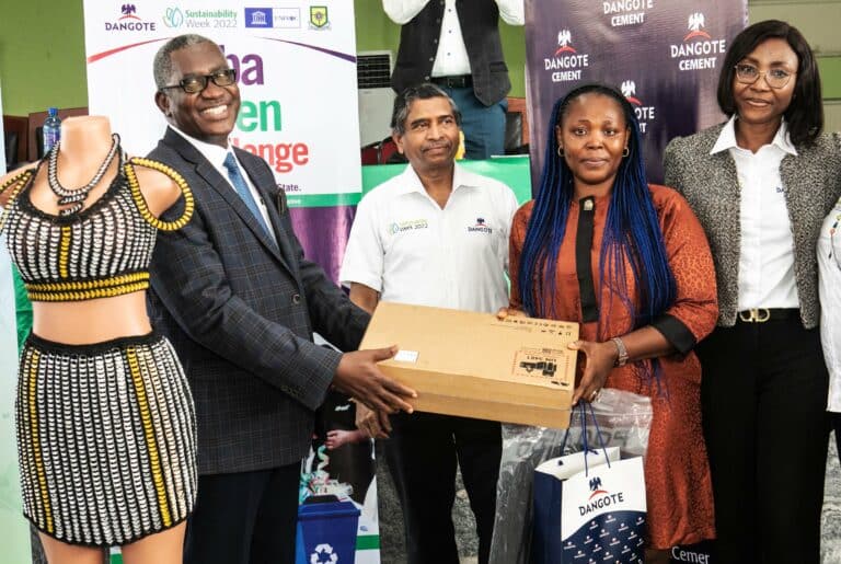 L-R: Rector, Yaba College of Technology, Lagos, Engr. Obafemi Omokungbe; Technical Director, Dangote Cement, Duraisamy Anandam; Winner, Yaba Green Challenge, Ajide Comfort; Head, Sustainability, Dangote Cement, Dr. Igazeuma Okoroba; at the 2022 Dangote Sustainability Week event tagged “Yaba Green Challenge”, in Lagos recently.